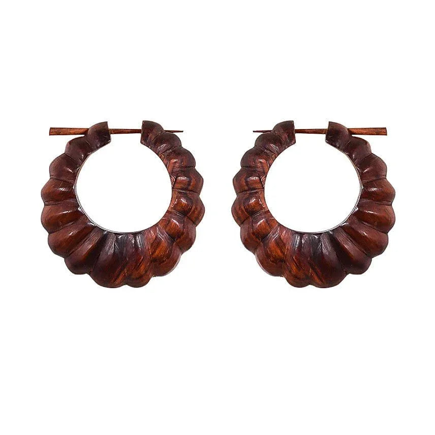 Wooden Carved Tribal Small Fake Gauge Hoops Earrings 1.7" - ArtyCraftz.com