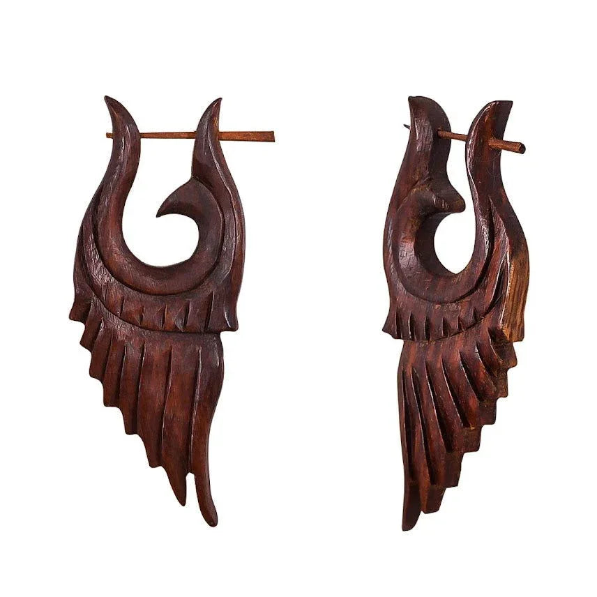 Wooden Carved Tribal Wing Post Earrings 2.8" - ArtyCraftz.com