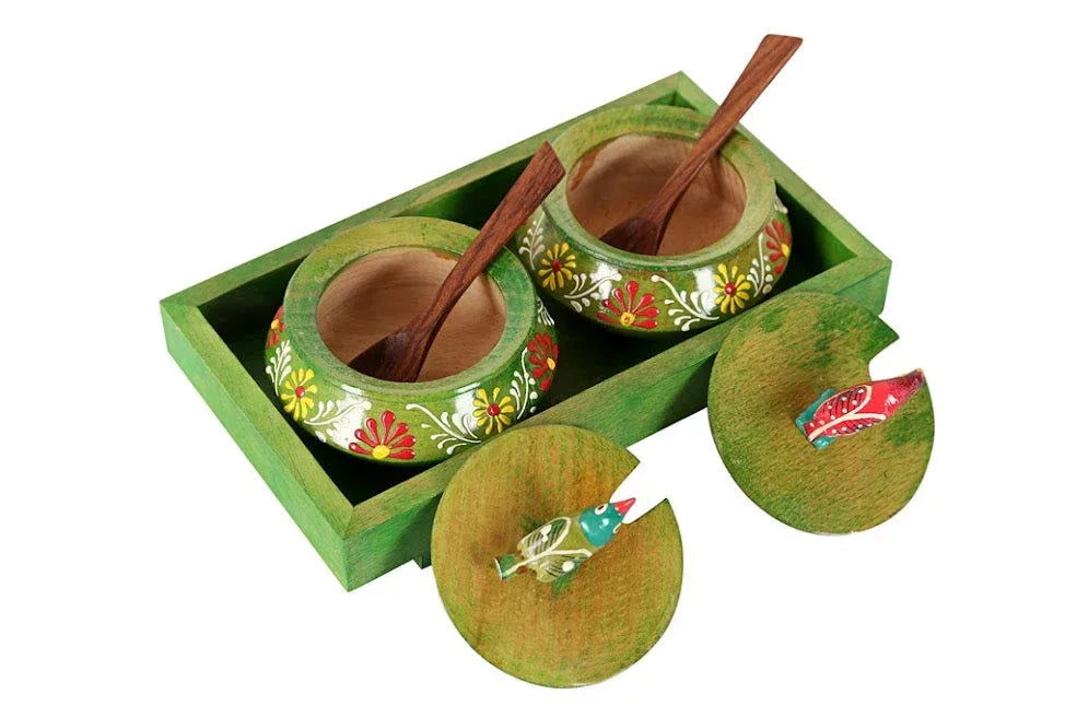 Wooden Green Tray Jar Set With Two Handi And Cute Parrots - ArtyCraftz.com