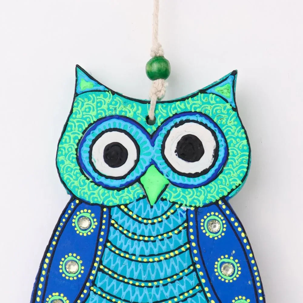 Wooden Green and Blue 3 Owls Wall Hanging-ArtyCraftz.com