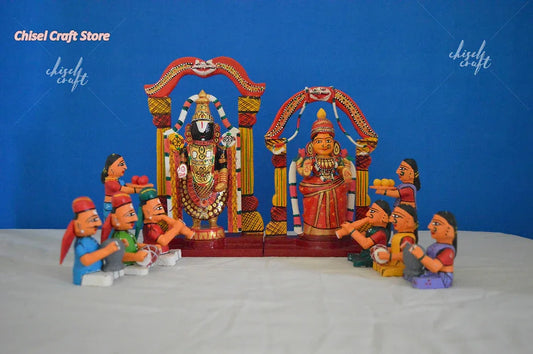 Wooden Kondapalli Lord Balaji and Padmavathi with Classical Musicians - ArtyCraftz.com