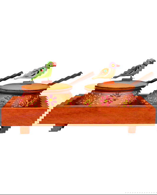 Wooden Orange Tray Jar Set With Two Handi And Cute Parrots - ArtyCraftz.com