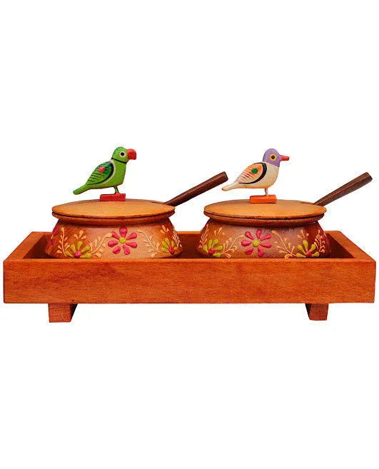 Wooden Orange Tray Jar Set With Two Handi And Cute Parrots - ArtyCraftz.com