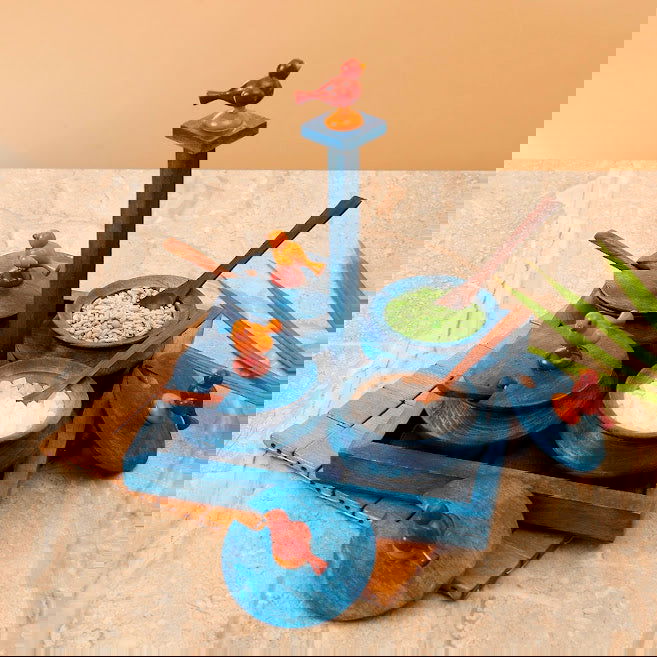 Wooden Parrot Jar Set With Tray & Spoon In Blue - Decorative Boxes, Spice Rack - ArtyCraftz.com