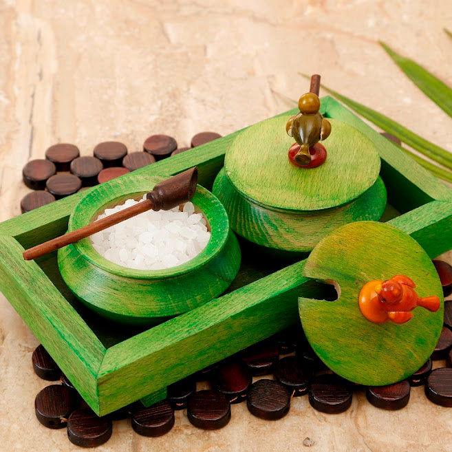 Wooden Parrot Jar Set With Tray & Spoon In Green - Decorative Boxes - ArtyCraftz.com