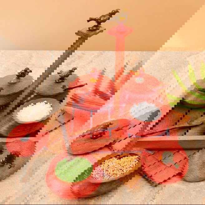 Wooden Parrot Jar Set With Tray & Spoon In Red - Decorative Boxes, Spice Rack, Spice Jar - ArtyCraftz.com