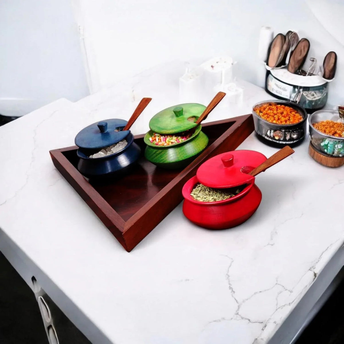 Wooden Serving Jar Set with Spoon & Tray, Condiment Jars, Mouthfreshner Jars