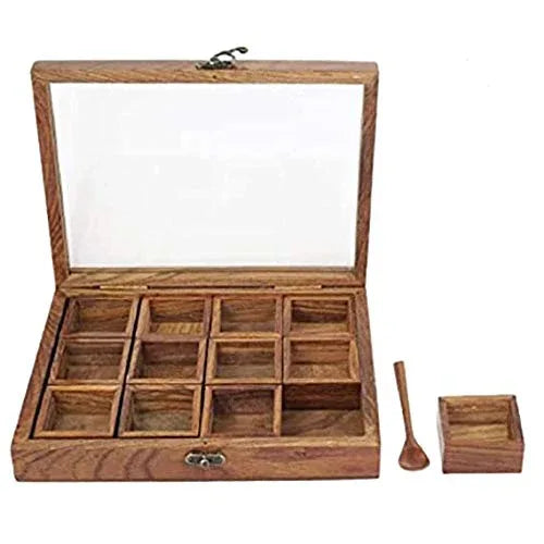 Spice Box Sheesham Wood Masala Box with Transparent Lid 12 Compartments - ArtyCraftz.com