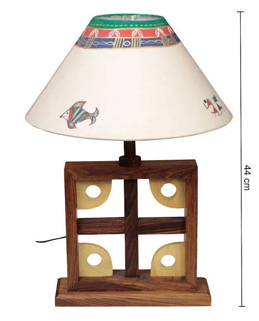 Wooden Table Lamp Artistic Square With Madhubani Handpainted - ArtyCraftz.com
