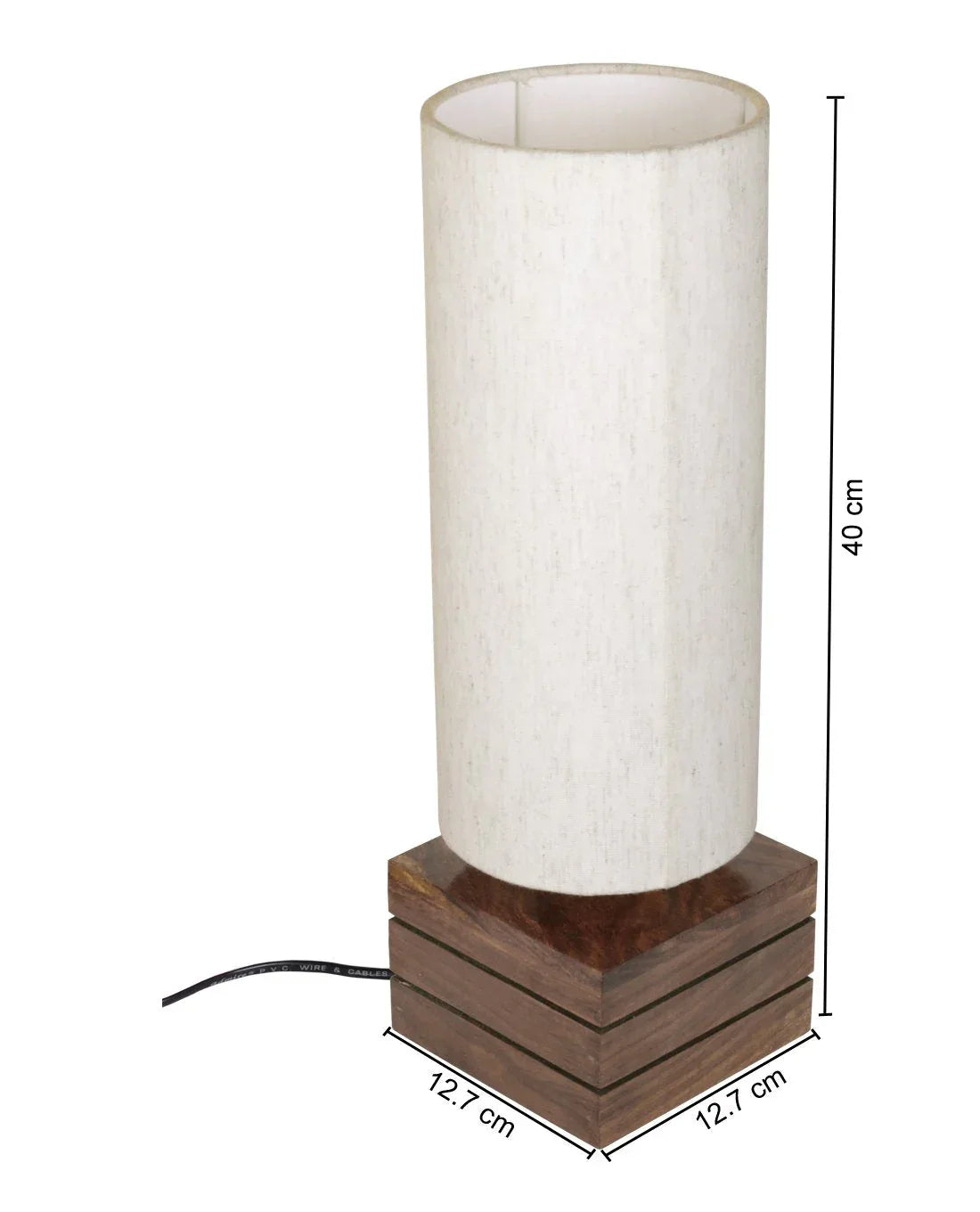 Handcrafted 40 cm wooden table lamp with off-white cylindrical linen fabric shade and stepped geometric mango wood square base — modern minimal home decor lamp — ArtyCraftz