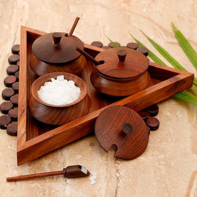 Wooden Triangular Jar Set With Tray & Spoon In Sheesham Wood - ArtyCraftz.com