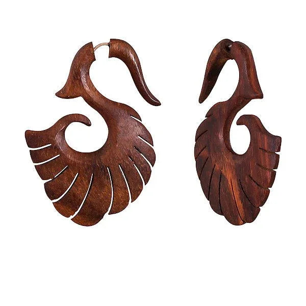 Wooden Tropical Feathered Bird Style Fake Gauges Earrings 2.4" - ArtyCraftz.com