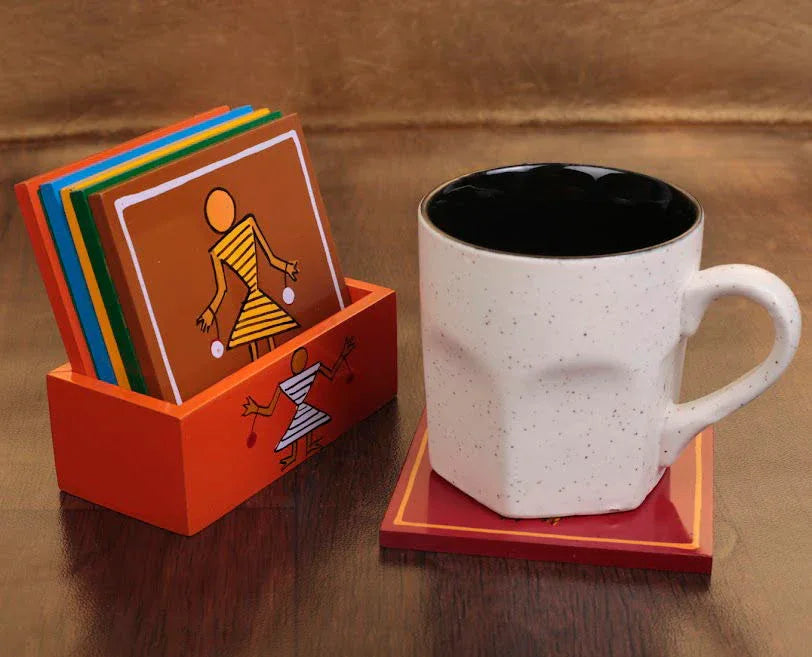 Wooden Warli Handpainted Multicolour Tea Coaster For Kitchen & Dinning Ware - ArtyCraftz.com