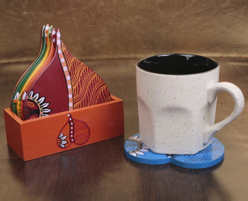 Wooden Warli Leaf Shape Handpainted Multicolour Tea Coaster For Kitchen & Dinning Ware - ArtyCraftz.com