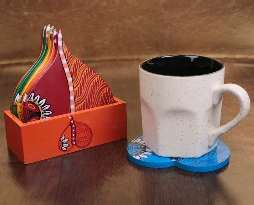 Wooden Warli Leaf Shape Handpainted Multicolour Tea Coaster For Kitchen & Dinning Ware - ArtyCraftz.com