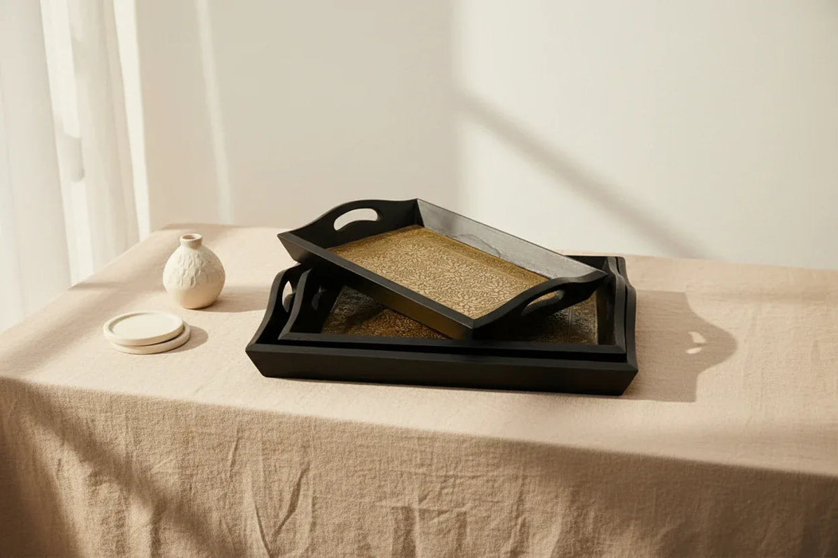 Wooden and Brass Floral Engraved Foil Serving Tray-ArtyCraftz.com