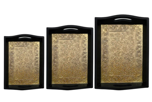 Wooden and Brass Floral Engraved Foil Serving Tray-ArtyCraftz.com