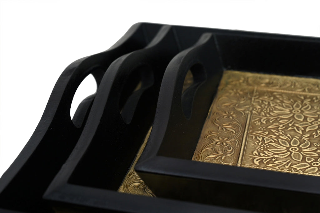 Wooden and Brass Floral Engraved Foil Serving Tray-ArtyCraftz.com