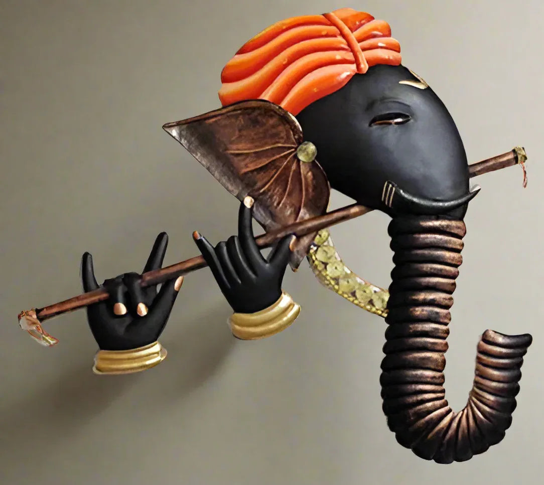 Wrought Iron Ganesha Playing Flute Wall Art- ArtyCraftz.com