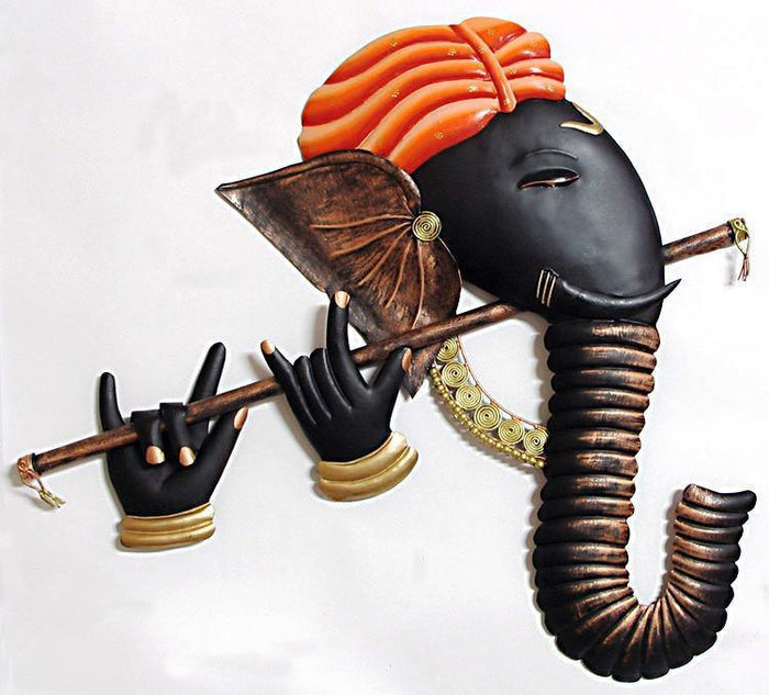 Wrought Iron Ganesha Playing Flute Wall Art-ArtyCraftz.com