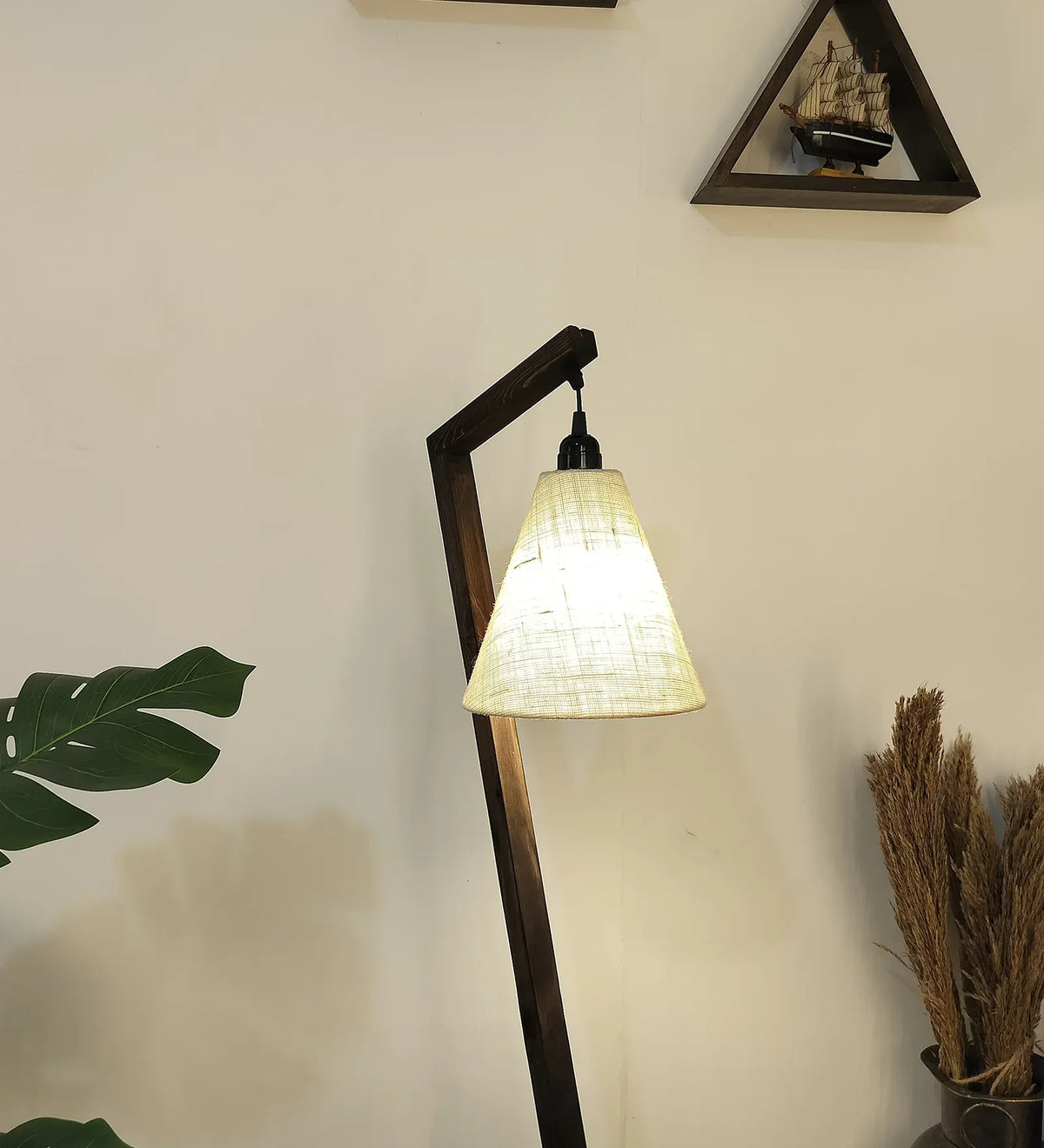 Zed Wooden Floor Lamp with Brown Base and Beige Fabric Lampshade - ArtyCraftz.com