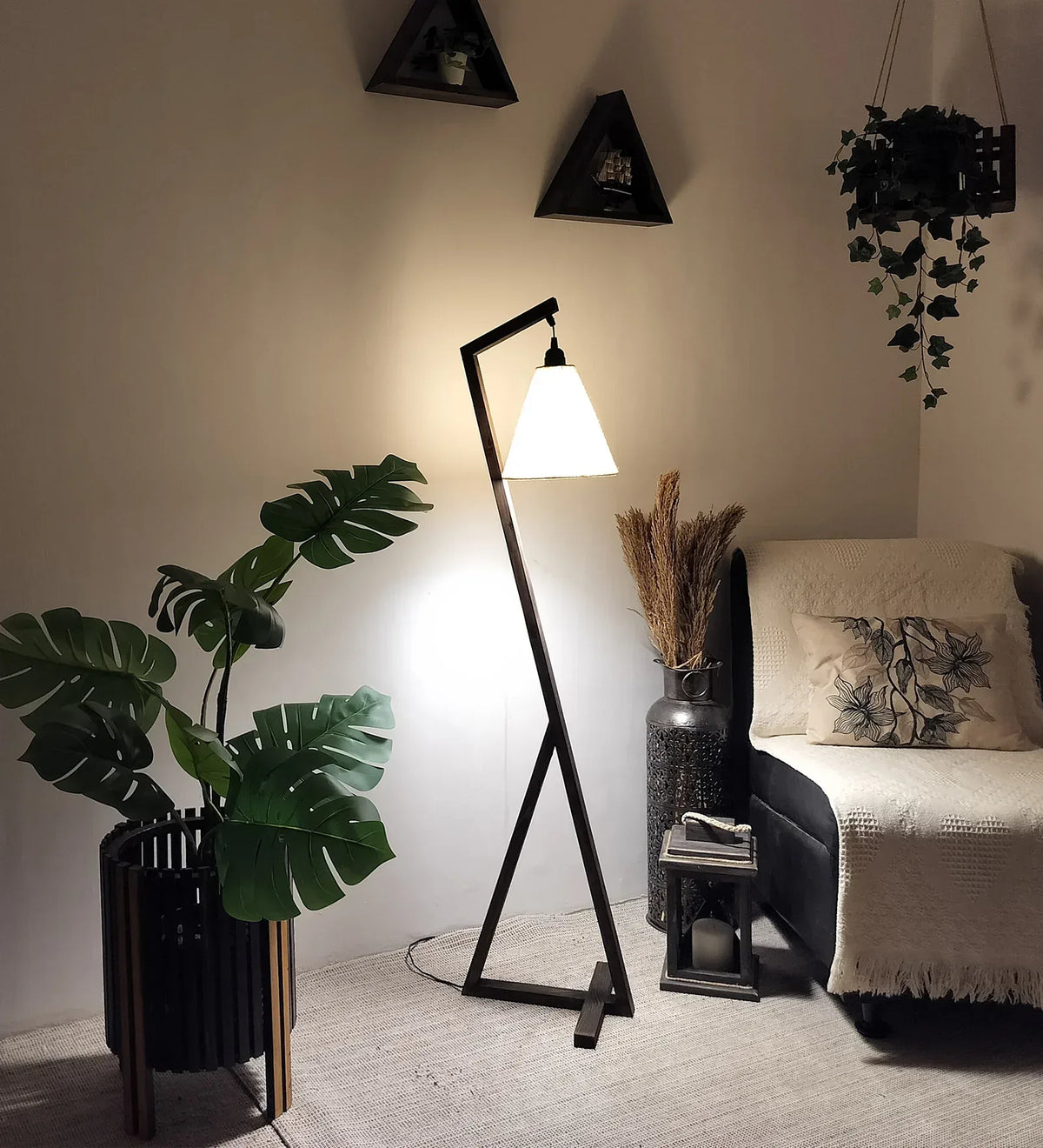 Zed Wooden Floor Lamp with Brown Base and Beige Fabric Lampshade - ArtyCraftz.com