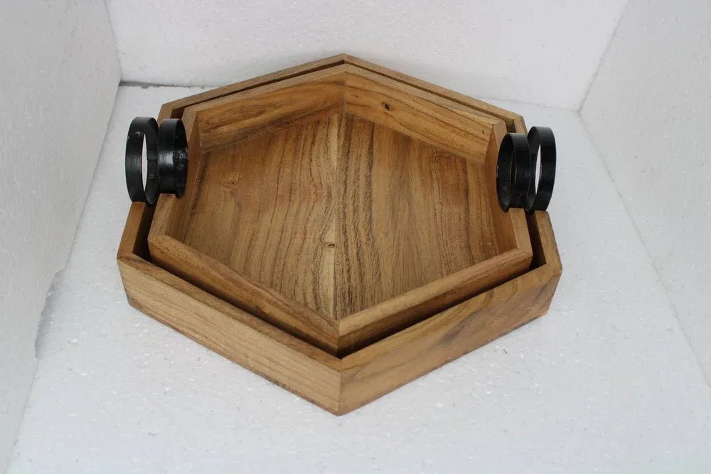 Acacia Wood Hexagon Tray with Metal Handle - ArtyCraftz