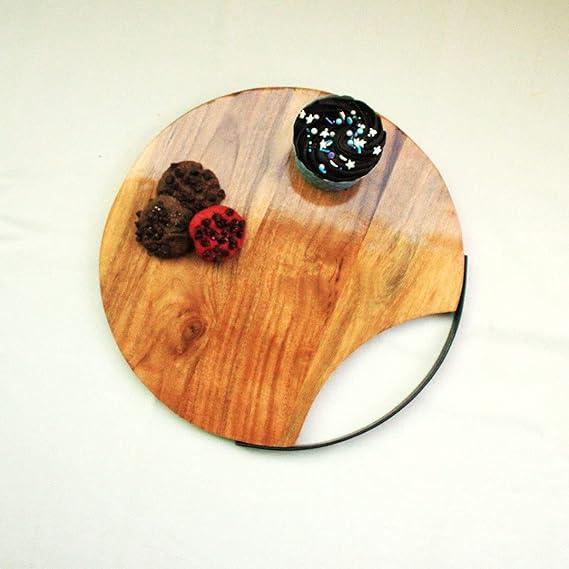 Acacia Wood Round Chopping Board with metal Handle - ArtyCraftz