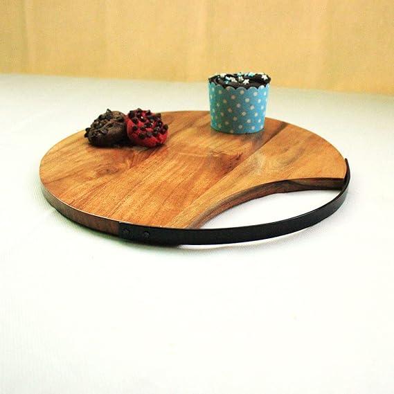 Acacia Wood Round Chopping Board with metal Handle - ArtyCraftz