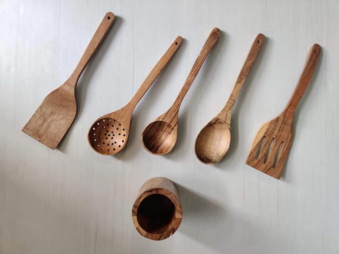 Acacia Wooden Spoons Set With Holder - ArtyCraftz