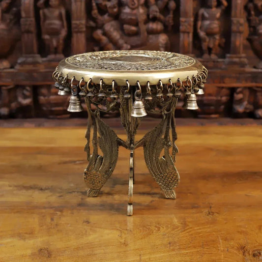 Brass Floral Engraved Round Chowki with Hanging Bells