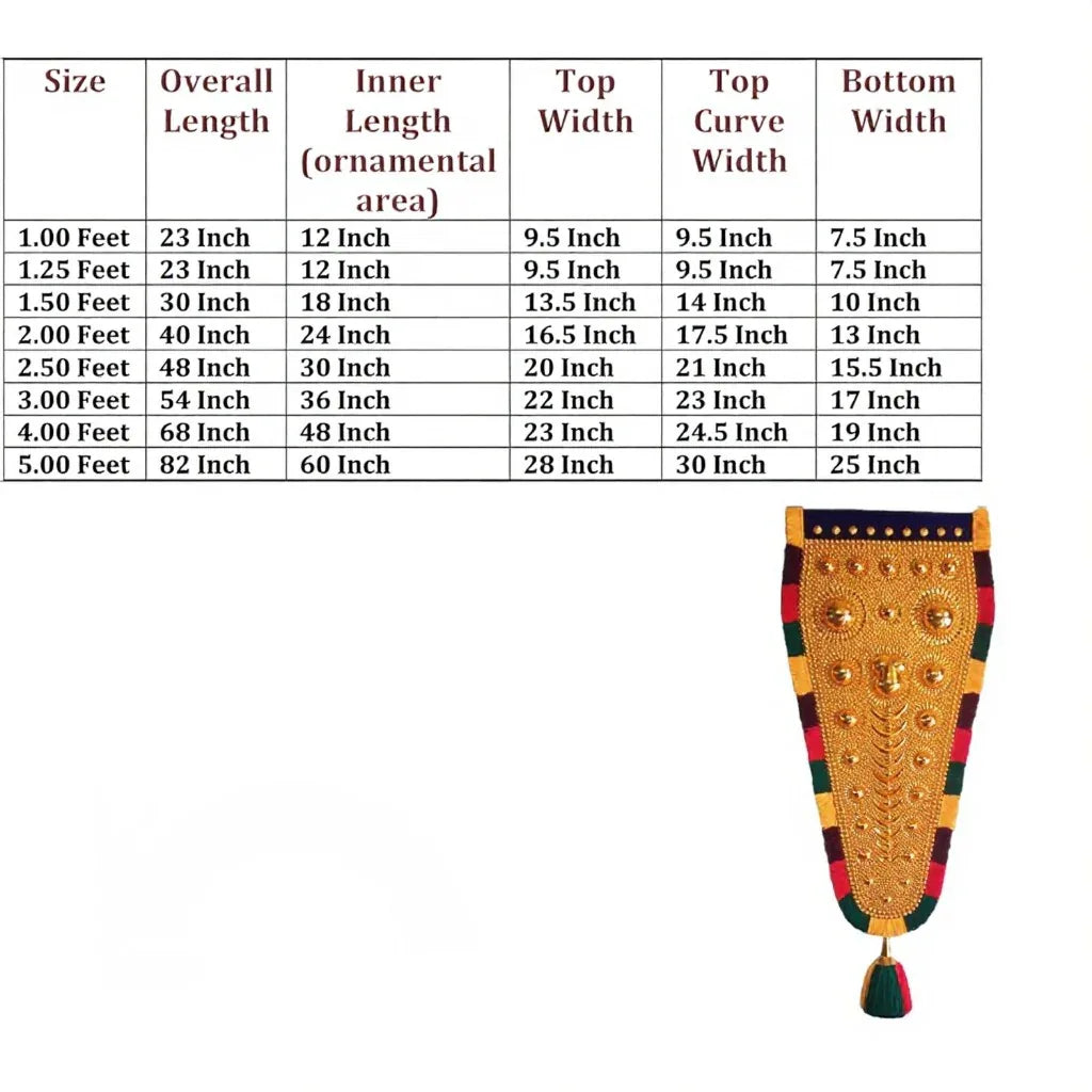 Measurement chart for a decorative item with a gold and multicolor design on a white background.