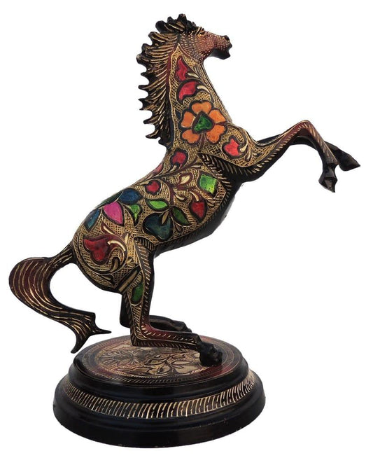 Brass Black and Multi Color Jumping Horse Statue