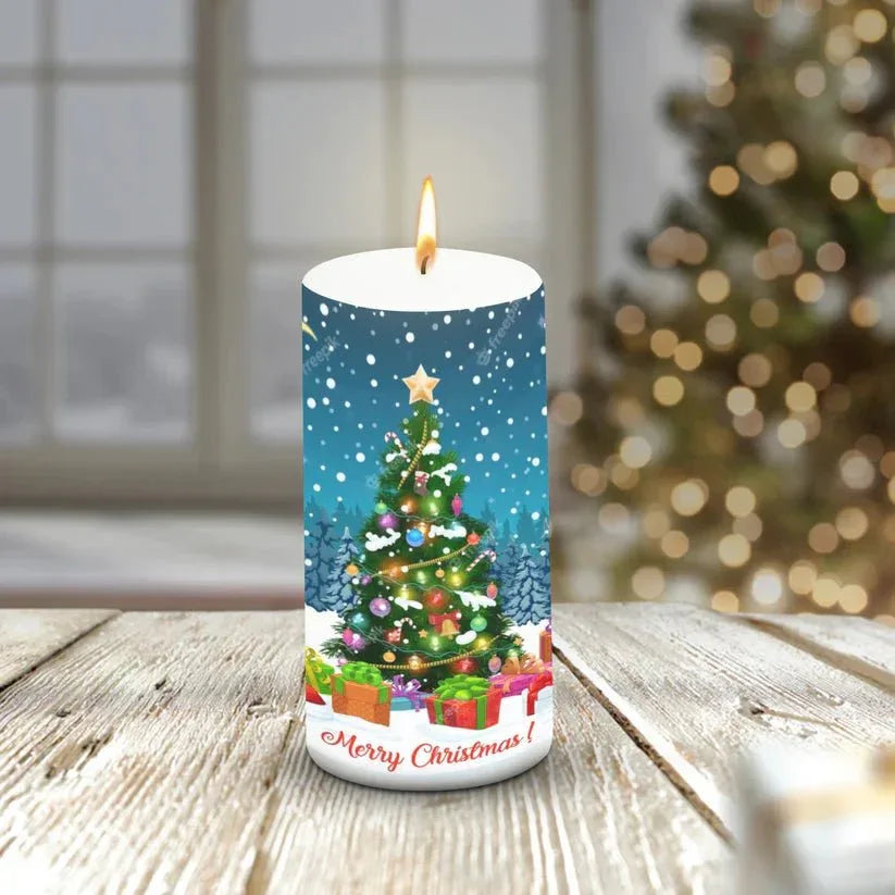 AuraDecor Unscented Merry Christmas Tree Pillar Candle - ArtyCraftz