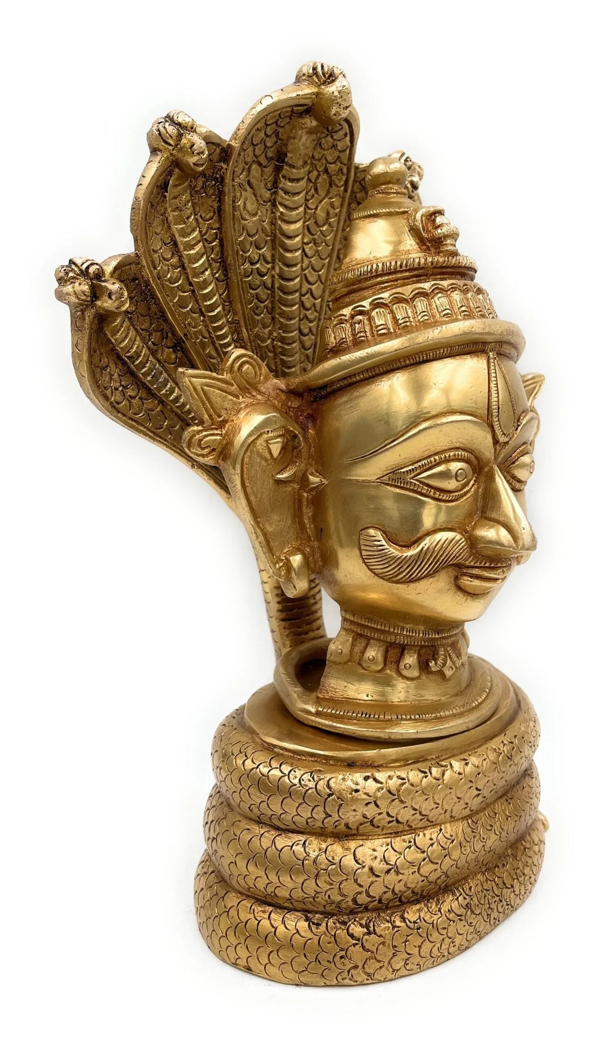 Handcrafted Brass Nag Devta Face Mask Statue Left View - ArtyCraftz