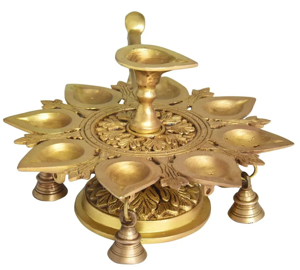Brass 9 wicks Oil Lamp with Bells - ArtyCraftz