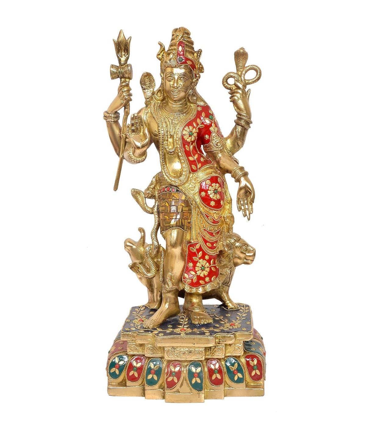 Brass Ardhanarishvara statue with golden finish, red and green decorative accents and ornate pedestal-artycraftz.com