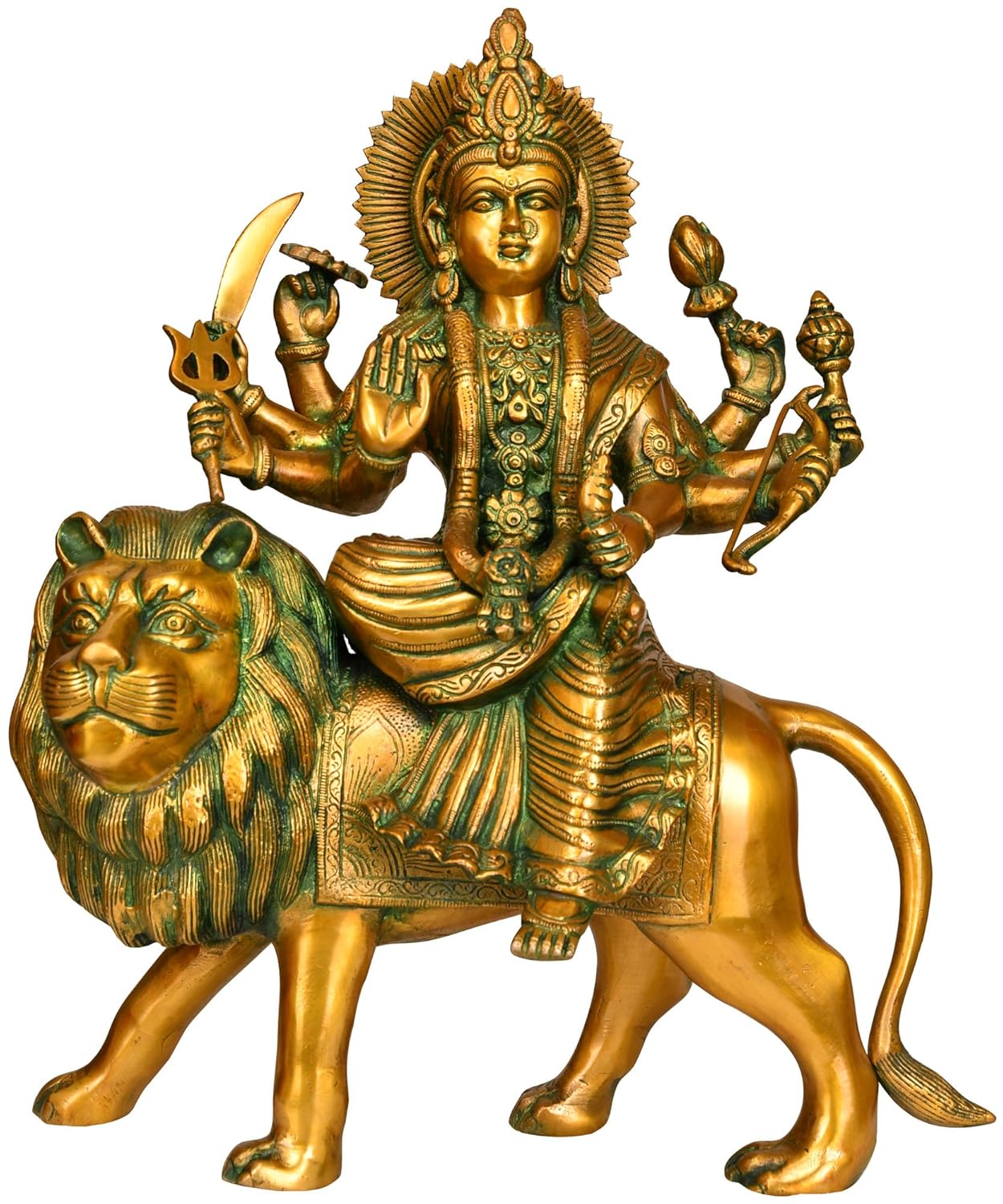 Brass Durga Sitting On Lion Statue - ArtyCraftz