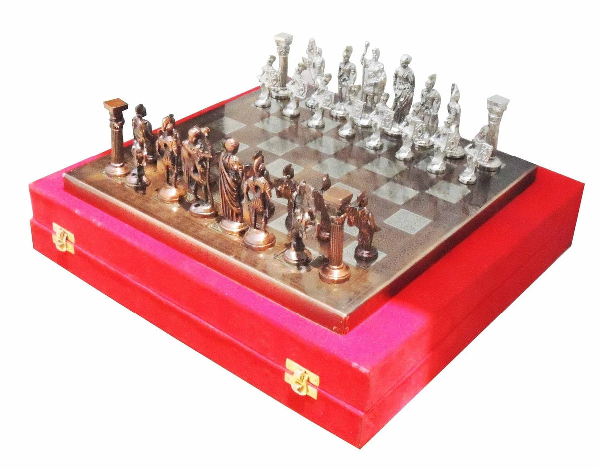 Brass Engraved Chess Board with Roman Black and Silver Chess Pawns - ArtyCraftz