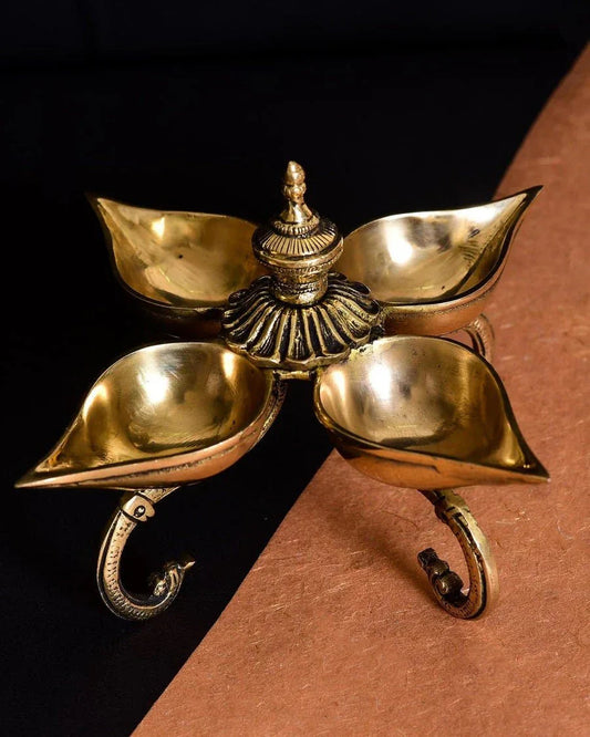 Brass Leaf Shaped 4 Wick Puja Lamp - ArtyCraftz