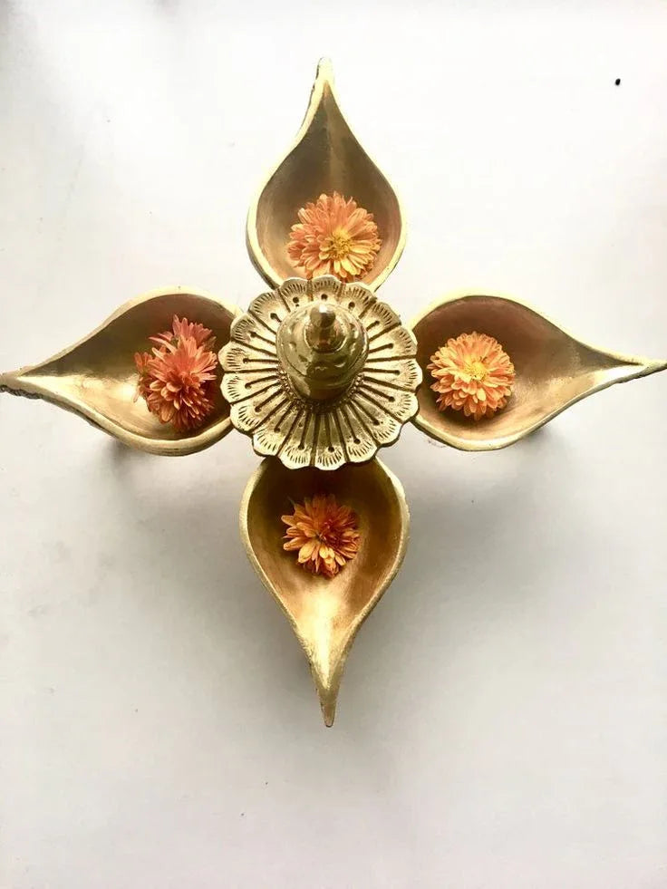Brass Leaf Shaped 4 Wick Puja Lamp - ArtyCraftz