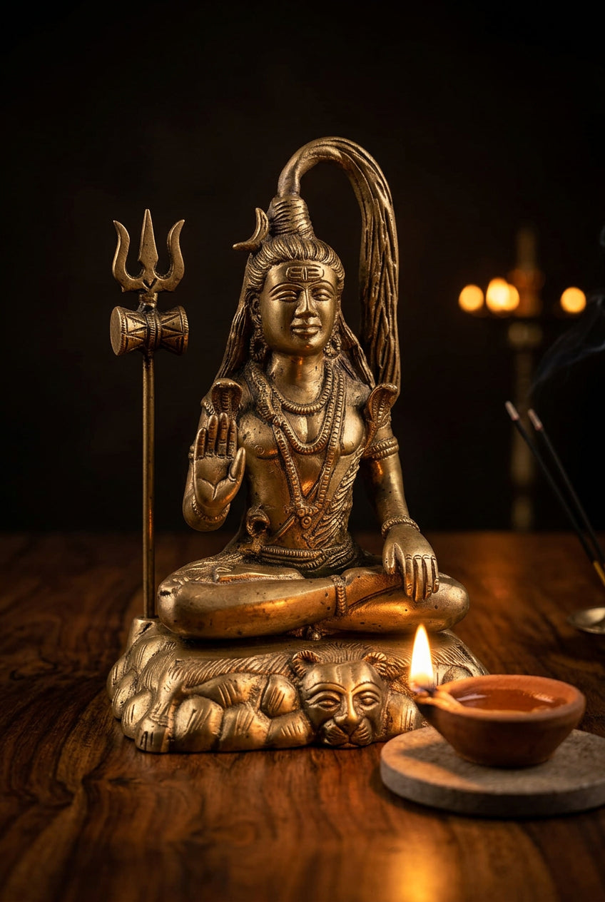 Golden brass statue of Lord Shiva seated in meditation with a trident and detailed sculpted base-artycraftz.com
