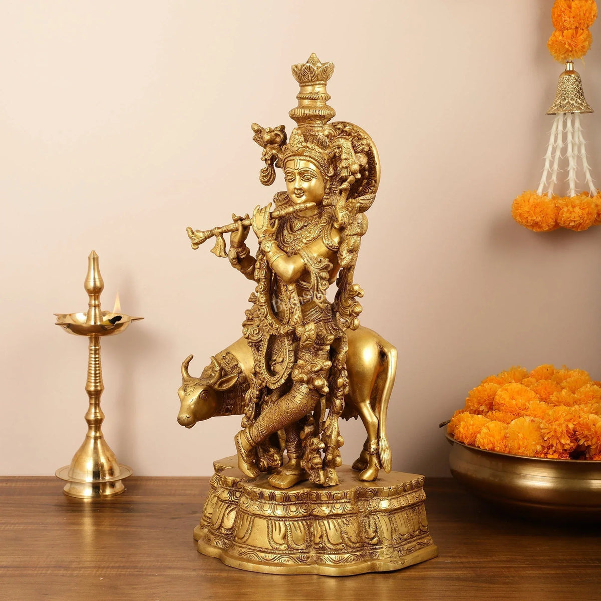 Brass Muralidhara Krishna with Cow Idol - ArtyCraftz