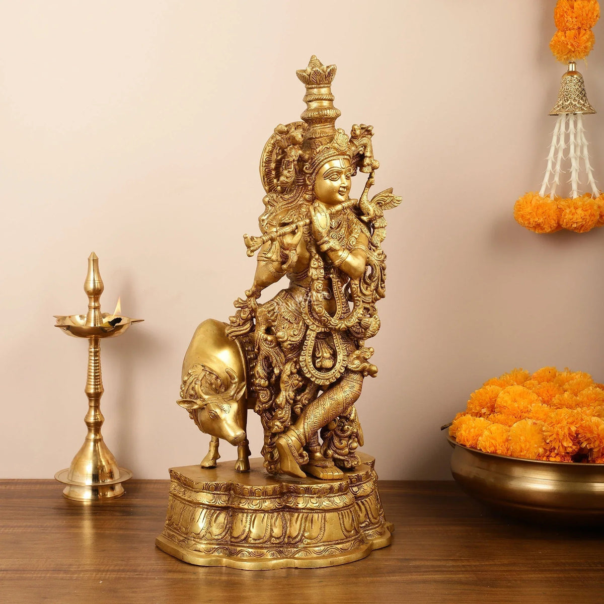 Brass Muralidhara Krishna with Cow Idol - ArtyCraftz