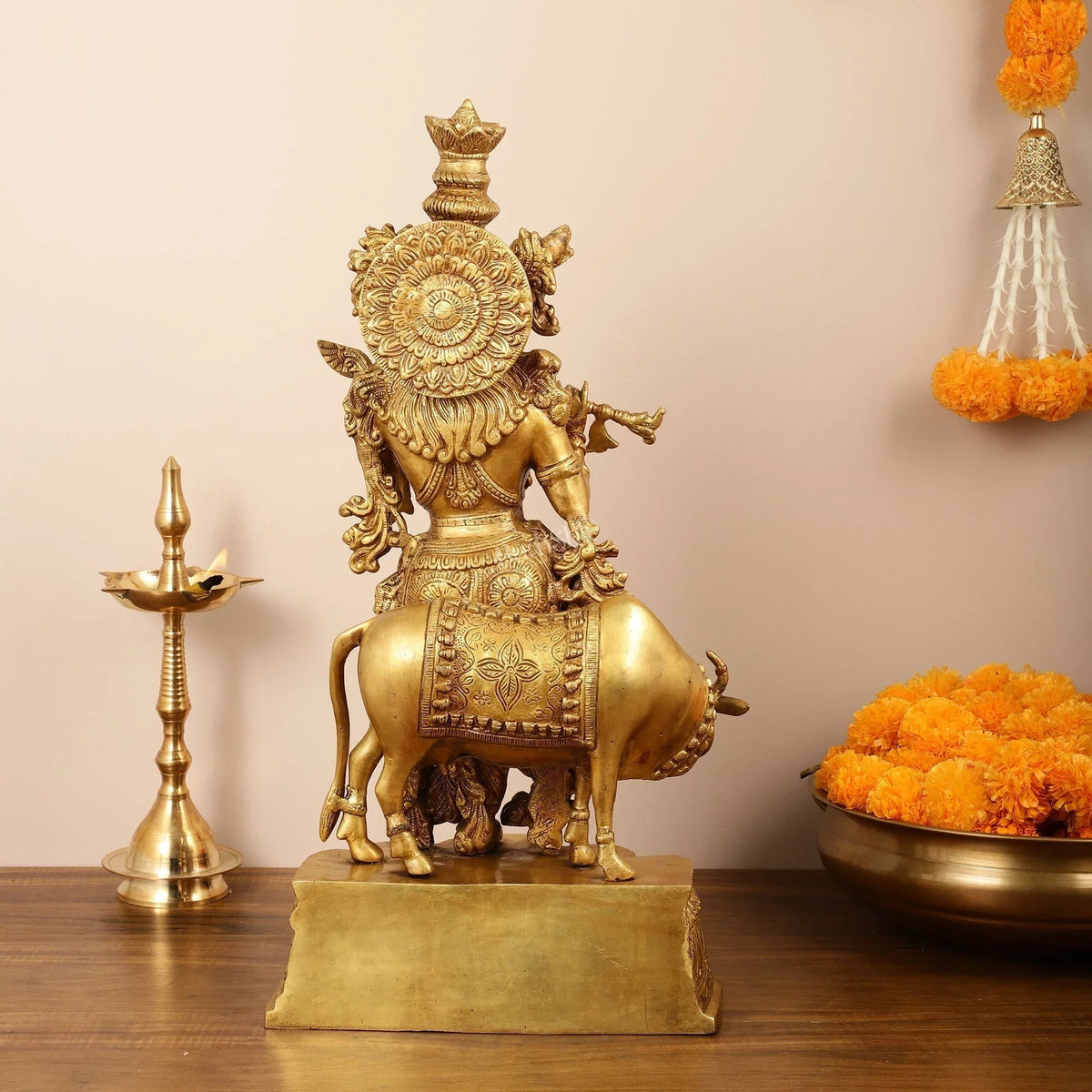Brass Muralidhara Krishna with Cow Idol - ArtyCraftz