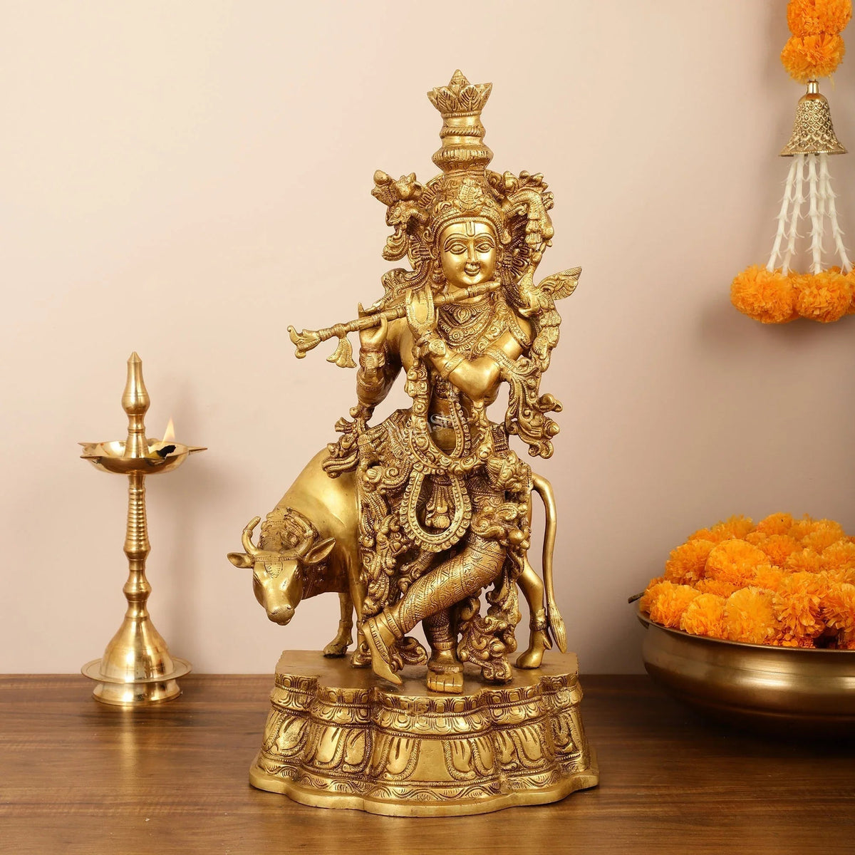 Brass Muralidhara Krishna with Cow Idol - ArtyCraftz