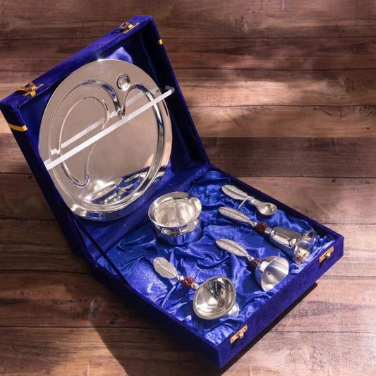 Brass Silver Plated Pooja Thali Set Gift Box - ArtyCraftz