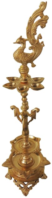 Handcrafted Brass Peacock Deepam with Five Wick Holders Pooja Lamp