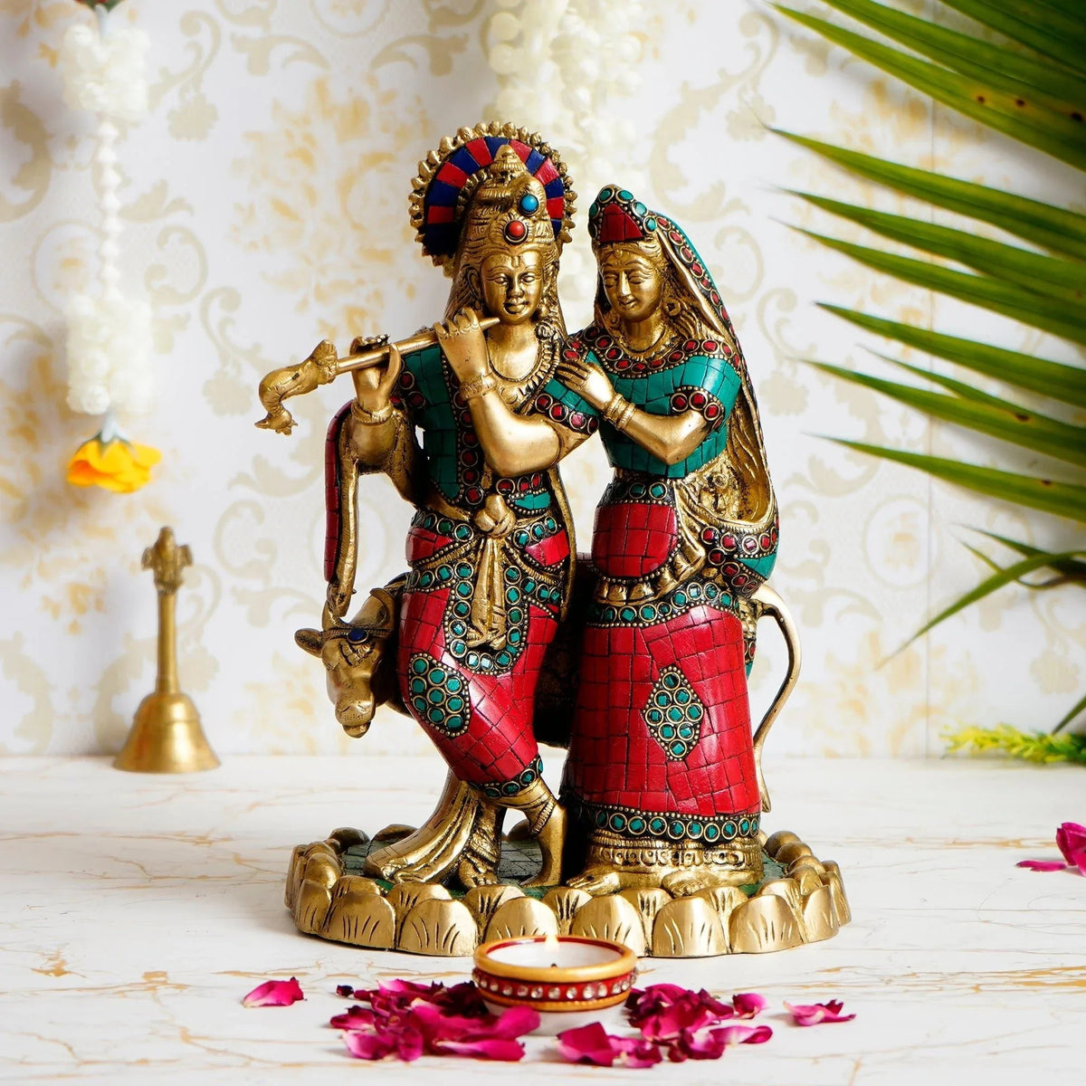 Colorful Stone Work Brass Radha Krishna Statue with Cow Figurine (Gold, Green, Red) - ArtyCraftz