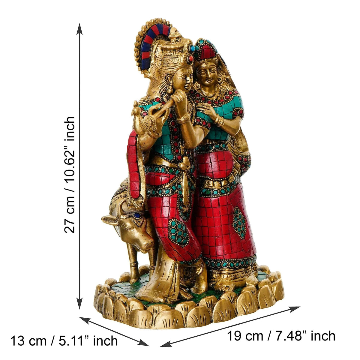 Colorful Stone Work Brass Radha Krishna Statue with Cow Figurine (Gold, Green, Red) - ArtyCraftz